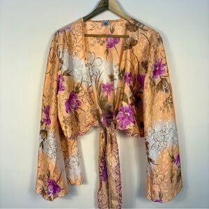 Vision of Tibet 100% Silk Floral Tie-Front Kimono Robe Blouse Top Peach Pink